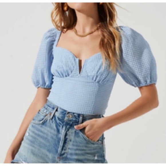 ASTR the Label Blue Gingham Puff Sleeve Crop Top Sweetheart Neckline  Size S - Picture 1 of 5